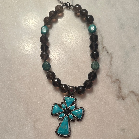 Barse Sterling Silver and Genuine Turquoise with Topaz/Turquoise Cross Necklace - Picture 1 of 7